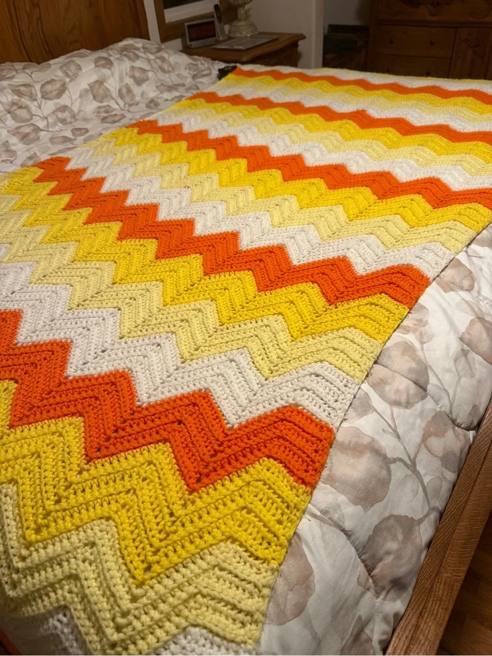 Vibrant Handmade Chevron Crochet Throw Blanket - Orange, Yellow & White Vintage